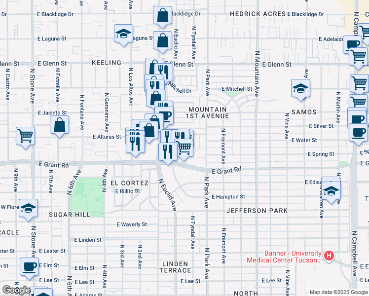 map of restaurants, bars, coffee shops, grocery stores, and more near 818 East Water Street in Tucson