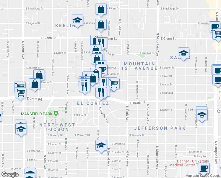 map of restaurants, bars, coffee shops, grocery stores, and more near 818 East Water Street in Tucson