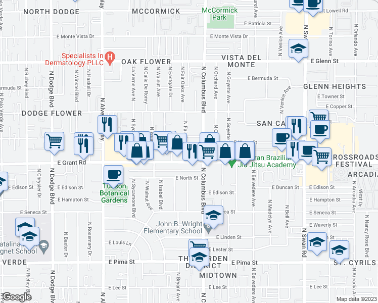 map of restaurants, bars, coffee shops, grocery stores, and more near 2426 North Fair Oaks Avenue in Tucson