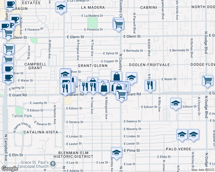 map of restaurants, bars, coffee shops, grocery stores, and more near 2415 North Loretta Drive in Tucson