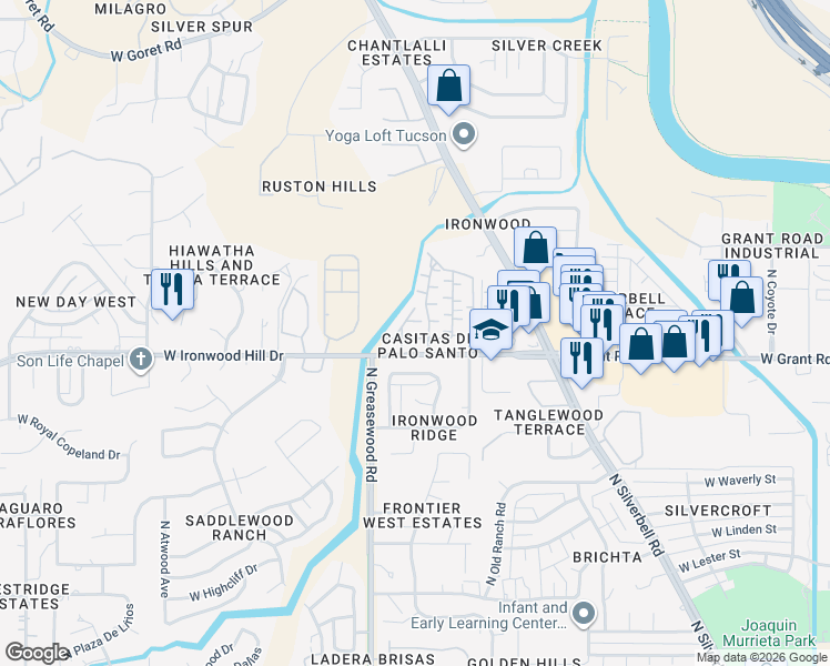 map of restaurants, bars, coffee shops, grocery stores, and more near 2439 North Palo Hacha Drive in Tucson