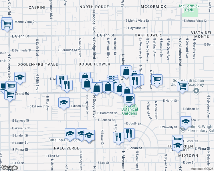 map of restaurants, bars, coffee shops, grocery stores, and more near 2425 North Haskell Drive in Tucson