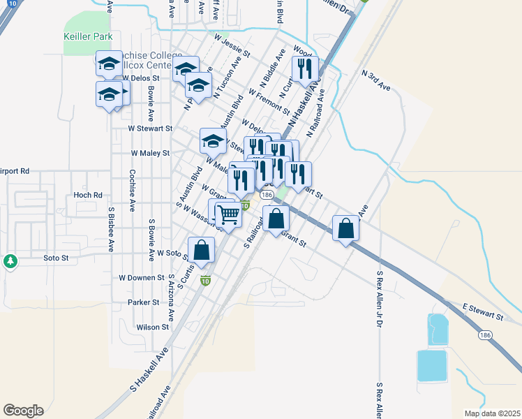 map of restaurants, bars, coffee shops, grocery stores, and more near 101 South Railroad Avenue in Willcox