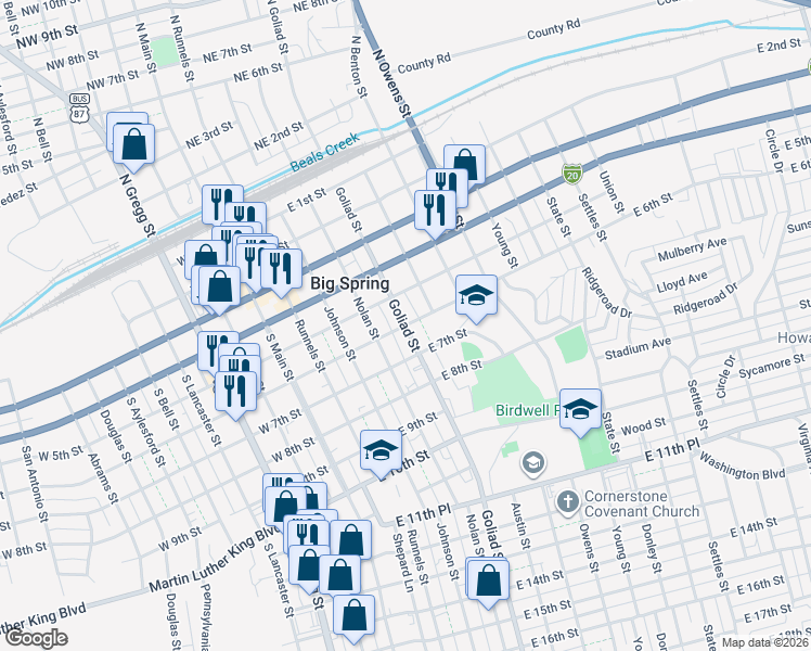 map of restaurants, bars, coffee shops, grocery stores, and more near 500 East 6th Street in Big Spring