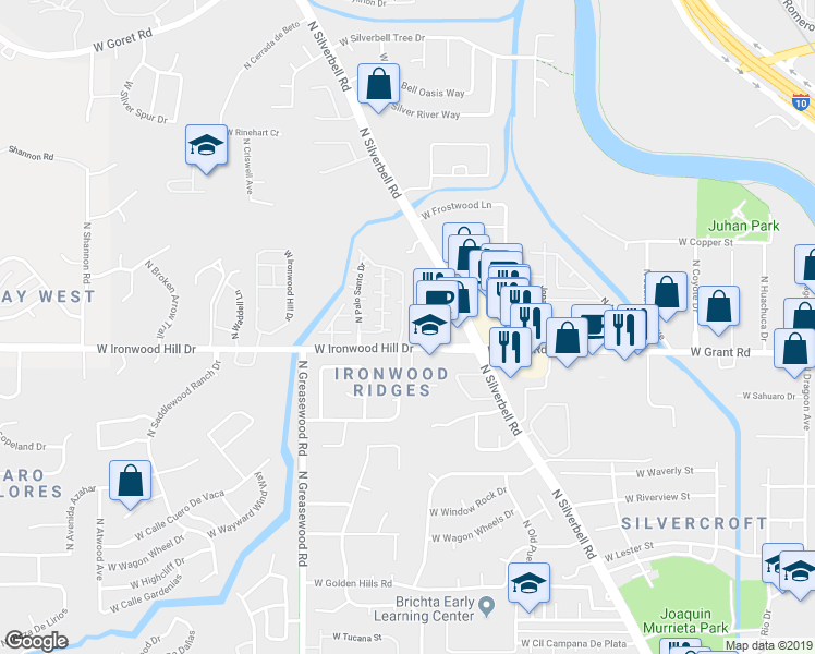 map of restaurants, bars, coffee shops, grocery stores, and more near 2442 North Ironwood Ridge Drive in Tucson