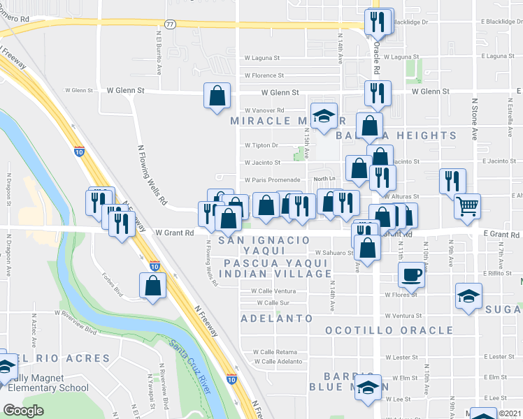 map of restaurants, bars, coffee shops, grocery stores, and more near 820 West Budmoore Terrace in Tucson