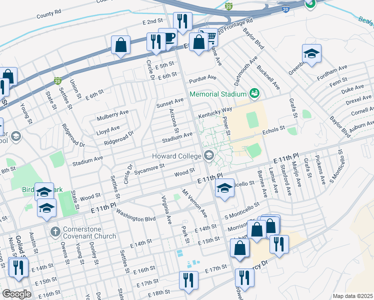 map of restaurants, bars, coffee shops, grocery stores, and more near 1514 Tucson Rd in Big Spring