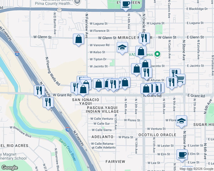map of restaurants, bars, coffee shops, grocery stores, and more near 734 West Budmoore Terrace in Tucson