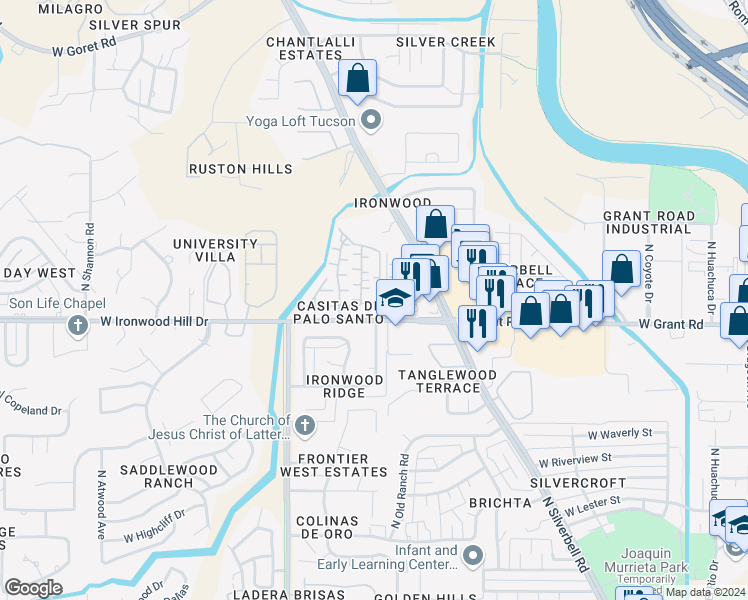 map of restaurants, bars, coffee shops, grocery stores, and more near 2443 North Ironwood Ridge Drive in Tucson