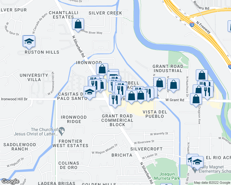 map of restaurants, bars, coffee shops, grocery stores, and more near 2106 West Grant Road in Tucson