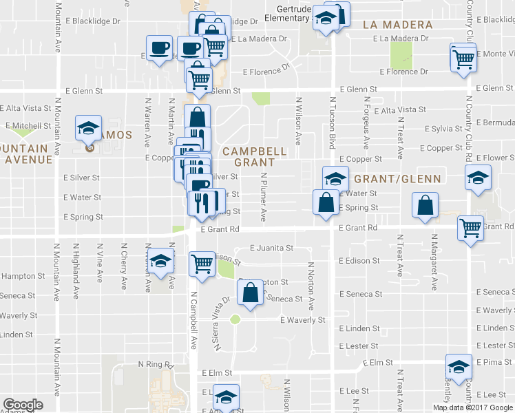map of restaurants, bars, coffee shops, grocery stores, and more near 2133 East Spring Street in Tucson