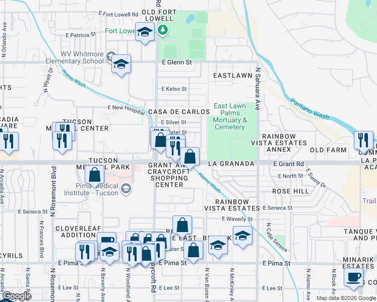 map of restaurants, bars, coffee shops, grocery stores, and more near 5622 East Spring Street in Tucson