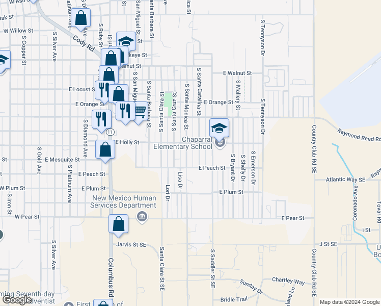 map of restaurants, bars, coffee shops, grocery stores, and more near 1721 South Santa Catalina Street in Deming