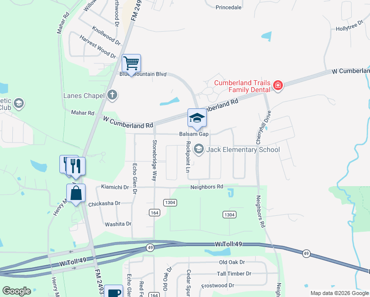 map of restaurants, bars, coffee shops, grocery stores, and more near 7323 Rockpoint Ln in Tyler