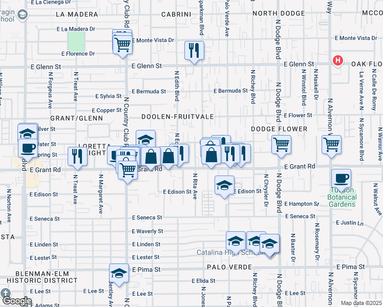 map of restaurants, bars, coffee shops, grocery stores, and more near 2462 North Edith Boulevard in Tucson