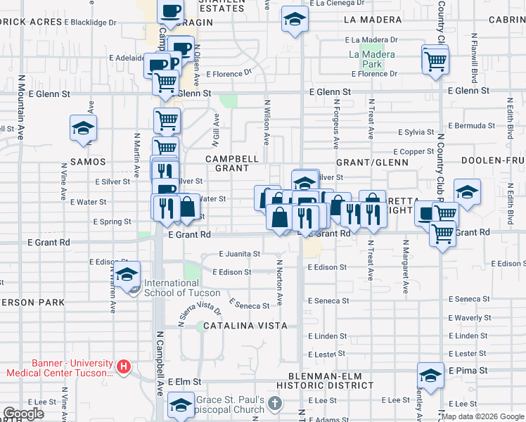 map of restaurants, bars, coffee shops, grocery stores, and more near 2350 East Water Street in Tucson
