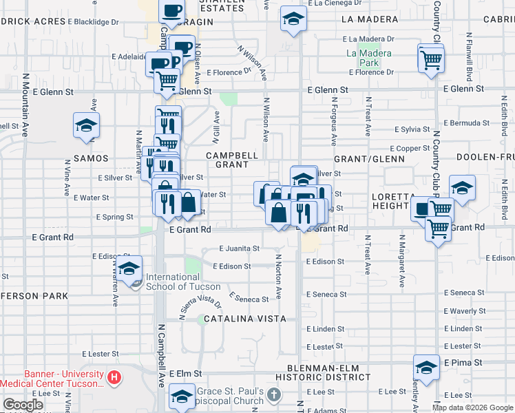 map of restaurants, bars, coffee shops, grocery stores, and more near 2235 East Spring Street in Tucson