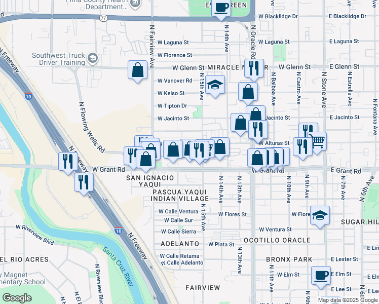 map of restaurants, bars, coffee shops, grocery stores, and more near 734 West Budmoore Terrace in Tucson