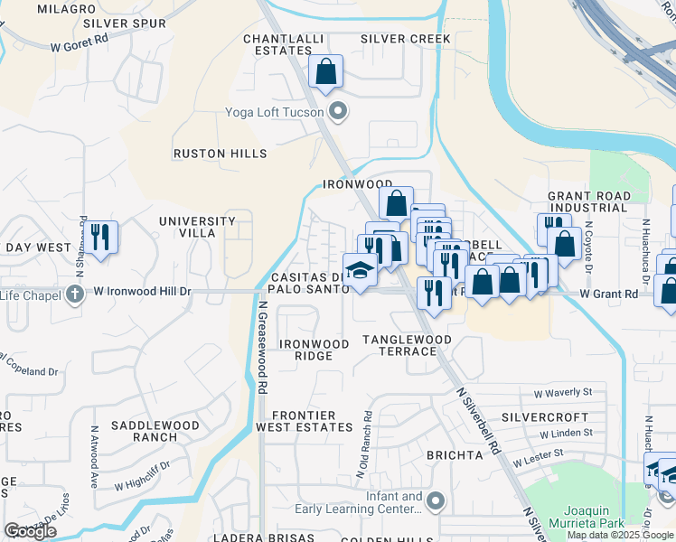 map of restaurants, bars, coffee shops, grocery stores, and more near 2442 North Ironwood Ridge Drive in Tucson