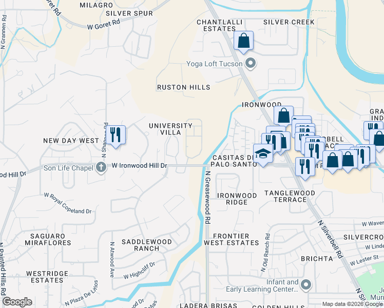 map of restaurants, bars, coffee shops, grocery stores, and more near 2550 West Ironwood Hill Drive in Tucson