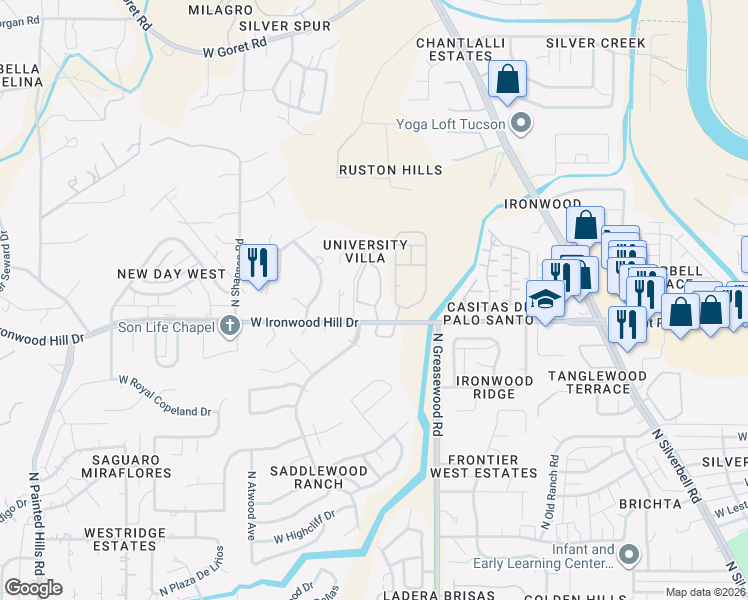 map of restaurants, bars, coffee shops, grocery stores, and more near 2550 West Ironwood Hill Drive in Tucson