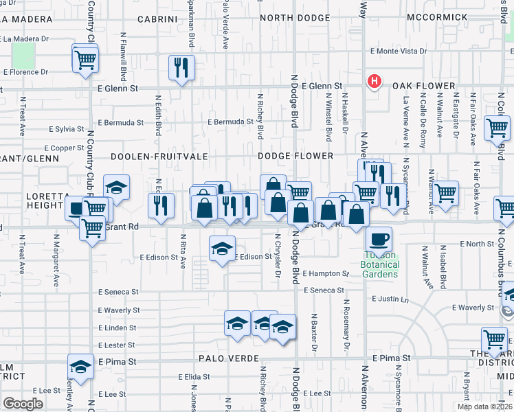 map of restaurants, bars, coffee shops, grocery stores, and more near 2429 North Richey Boulevard in Tucson