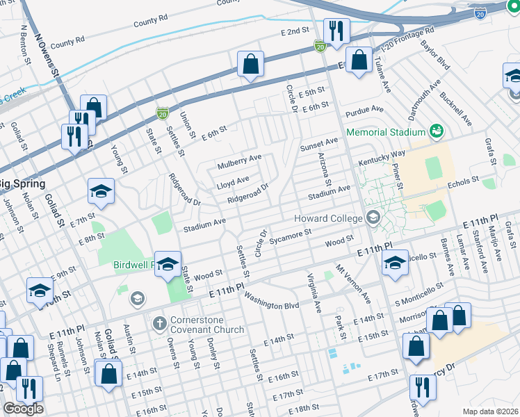 map of restaurants, bars, coffee shops, grocery stores, and more near 1317 Stadium Avenue in Big Spring