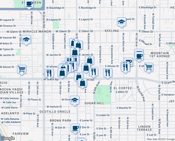 map of restaurants, bars, coffee shops, grocery stores, and more near 2437 North Estrella Avenue in Tucson