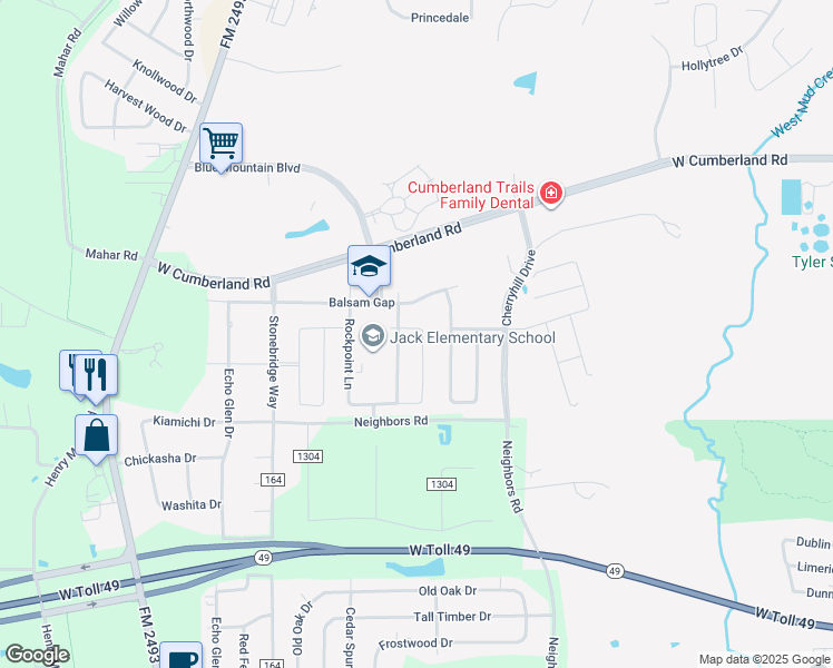 map of restaurants, bars, coffee shops, grocery stores, and more near 7327 Kingsport Lane in Tyler