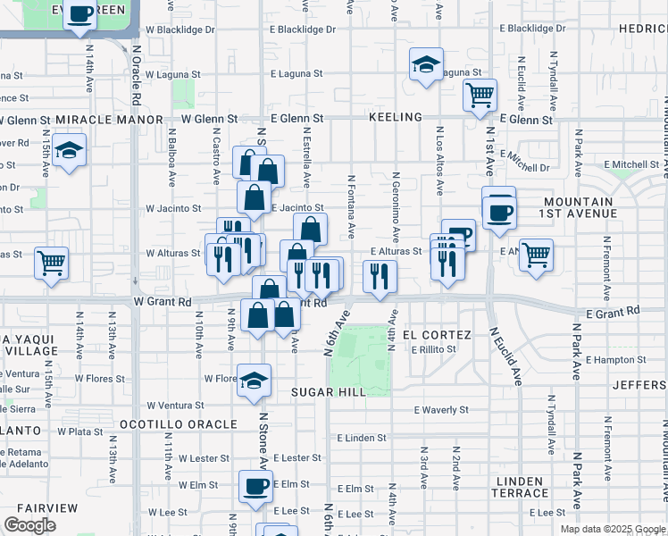 map of restaurants, bars, coffee shops, grocery stores, and more near 251 East Water Street in Tucson