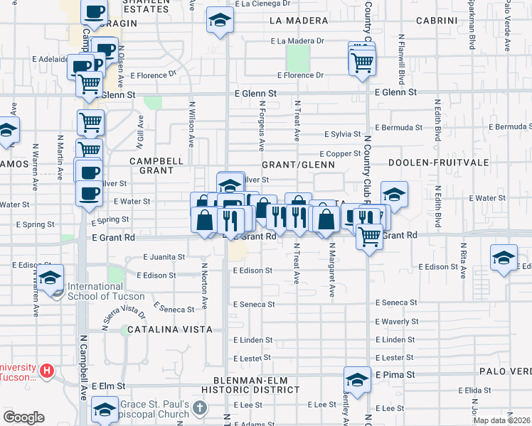 map of restaurants, bars, coffee shops, grocery stores, and more near 2625 East Spring Street in Tucson