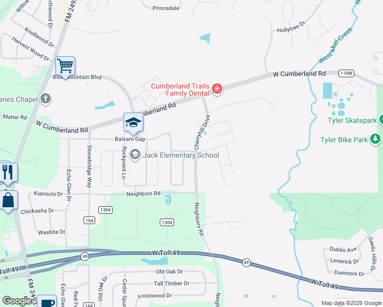 map of restaurants, bars, coffee shops, grocery stores, and more near 7603 Cherryhill Drive in Tyler