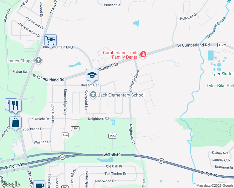 map of restaurants, bars, coffee shops, grocery stores, and more near 7336 Flat Rock Lane in Tyler