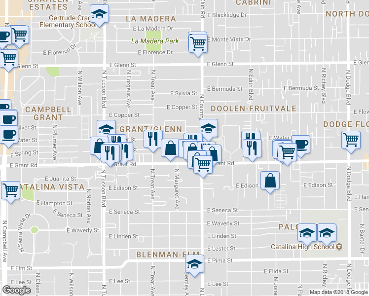 map of restaurants, bars, coffee shops, grocery stores, and more near 3002 East Loretta Drive in Tucson