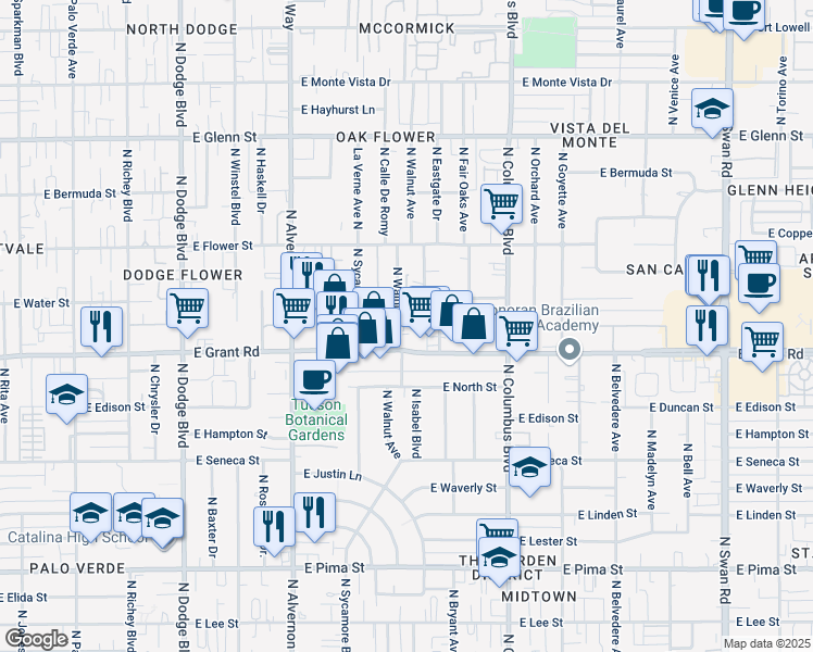map of restaurants, bars, coffee shops, grocery stores, and more near 4110 East Spring Street in Tucson