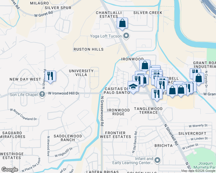 map of restaurants, bars, coffee shops, grocery stores, and more near 2439 North Palo Hacha Drive in Tucson
