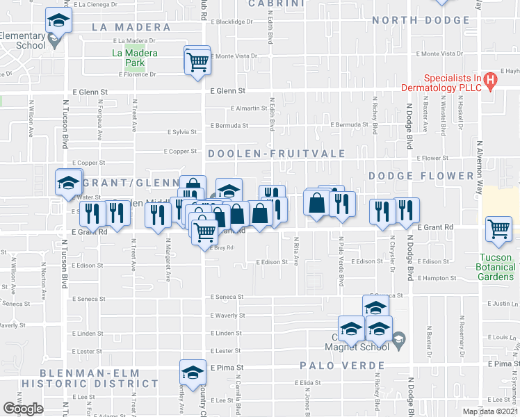map of restaurants, bars, coffee shops, grocery stores, and more near 2437 North Edith Boulevard in Tucson