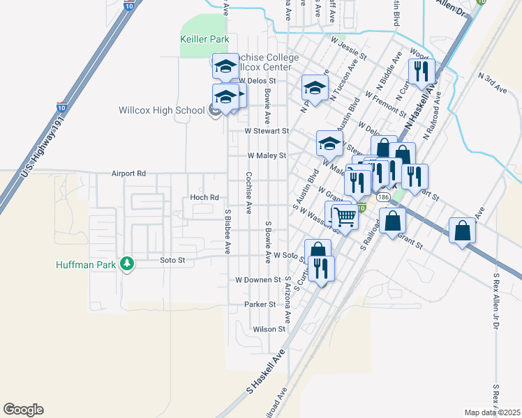 map of restaurants, bars, coffee shops, grocery stores, and more near 630 West Wasson Street in Willcox