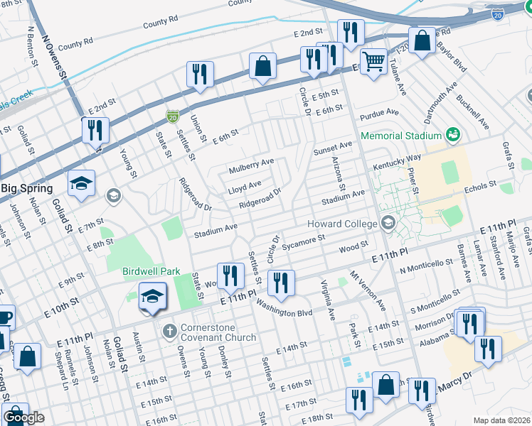 map of restaurants, bars, coffee shops, grocery stores, and more near 1317 Stadium Avenue in Big Spring