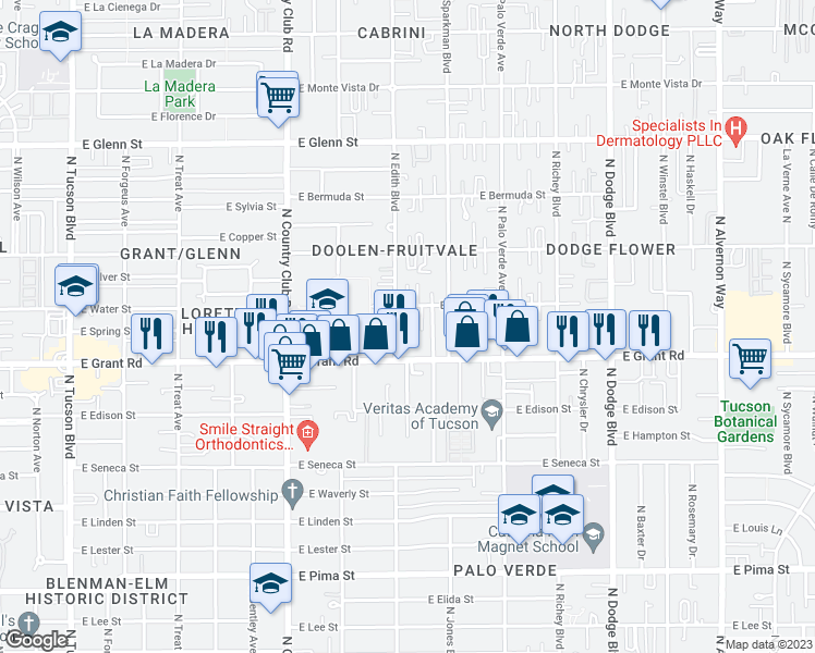 map of restaurants, bars, coffee shops, grocery stores, and more near 2462 North Edith Boulevard in Tucson
