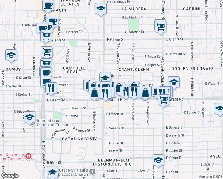 map of restaurants, bars, coffee shops, grocery stores, and more near 2552 East Spring Street in Tucson