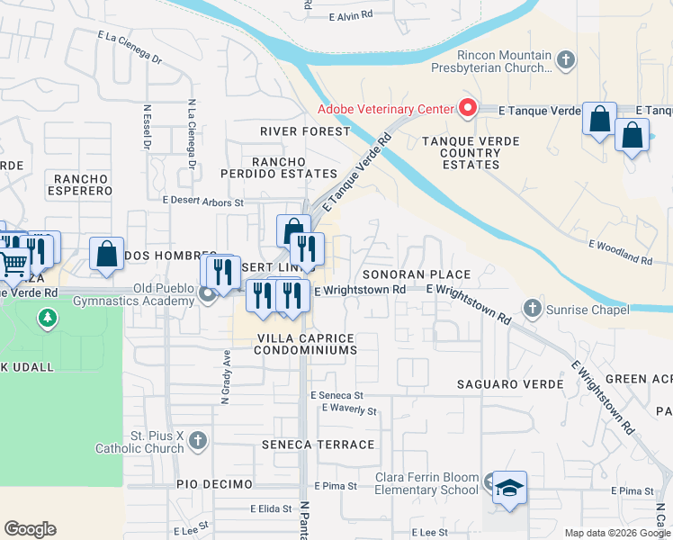 map of restaurants, bars, coffee shops, grocery stores, and more near 2406 North Shade Tree Circle in Tucson