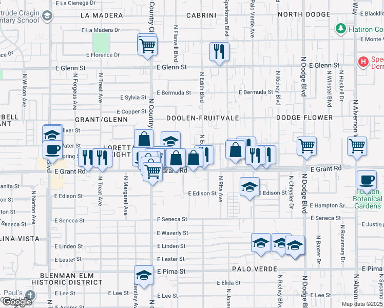map of restaurants, bars, coffee shops, grocery stores, and more near 2437 North Edith Boulevard in Tucson