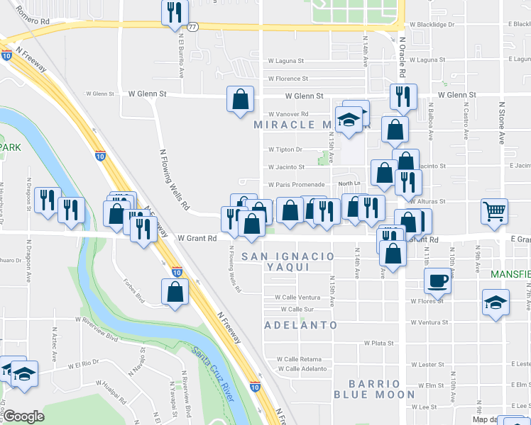 map of restaurants, bars, coffee shops, grocery stores, and more near 2456 North Fairview Avenue in Tucson