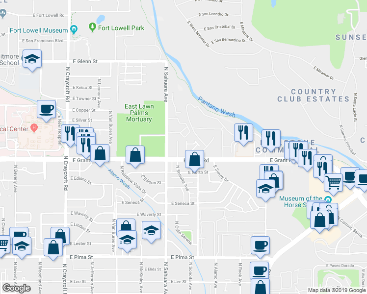 map of restaurants, bars, coffee shops, grocery stores, and more near 2422 North Sonoita Place in Tucson