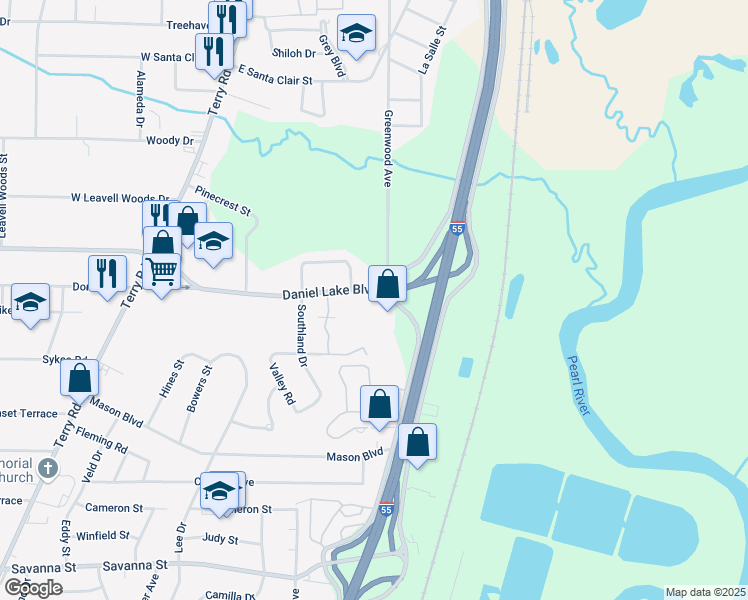 map of restaurants, bars, coffee shops, grocery stores, and more near 455 Daniel Lake Boulevard in Jackson