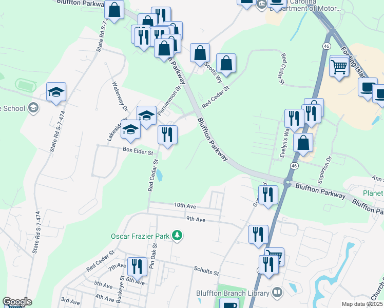 map of restaurants, bars, coffee shops, grocery stores, and more near 12 Wilkinson Way in Bluffton