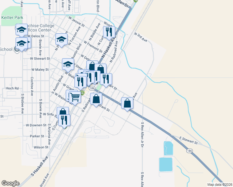 map of restaurants, bars, coffee shops, grocery stores, and more near 135 North 1st Avenue in Willcox