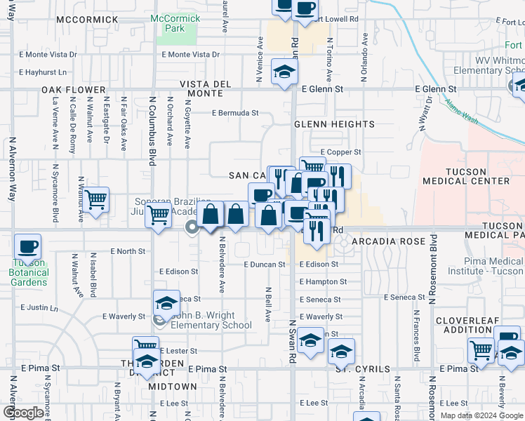 map of restaurants, bars, coffee shops, grocery stores, and more near 4515 East Grant Road in Tucson