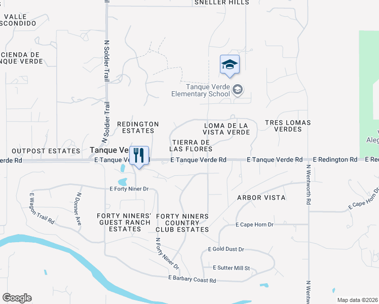 map of restaurants, bars, coffee shops, grocery stores, and more near 12201 East Tanque Verde Road in Tucson